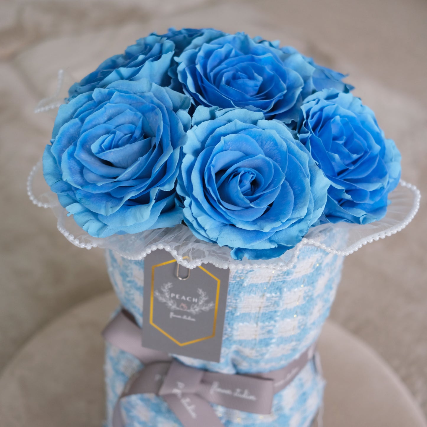 Sky Blue Chanel Style Round Rose Bouquet