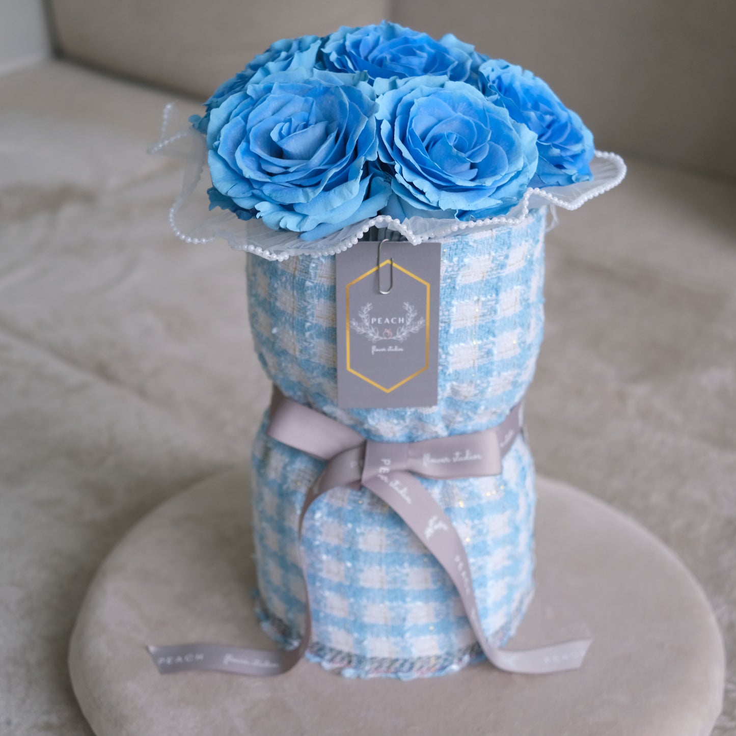 Sky Blue Chanel Style Round Rose Bouquet